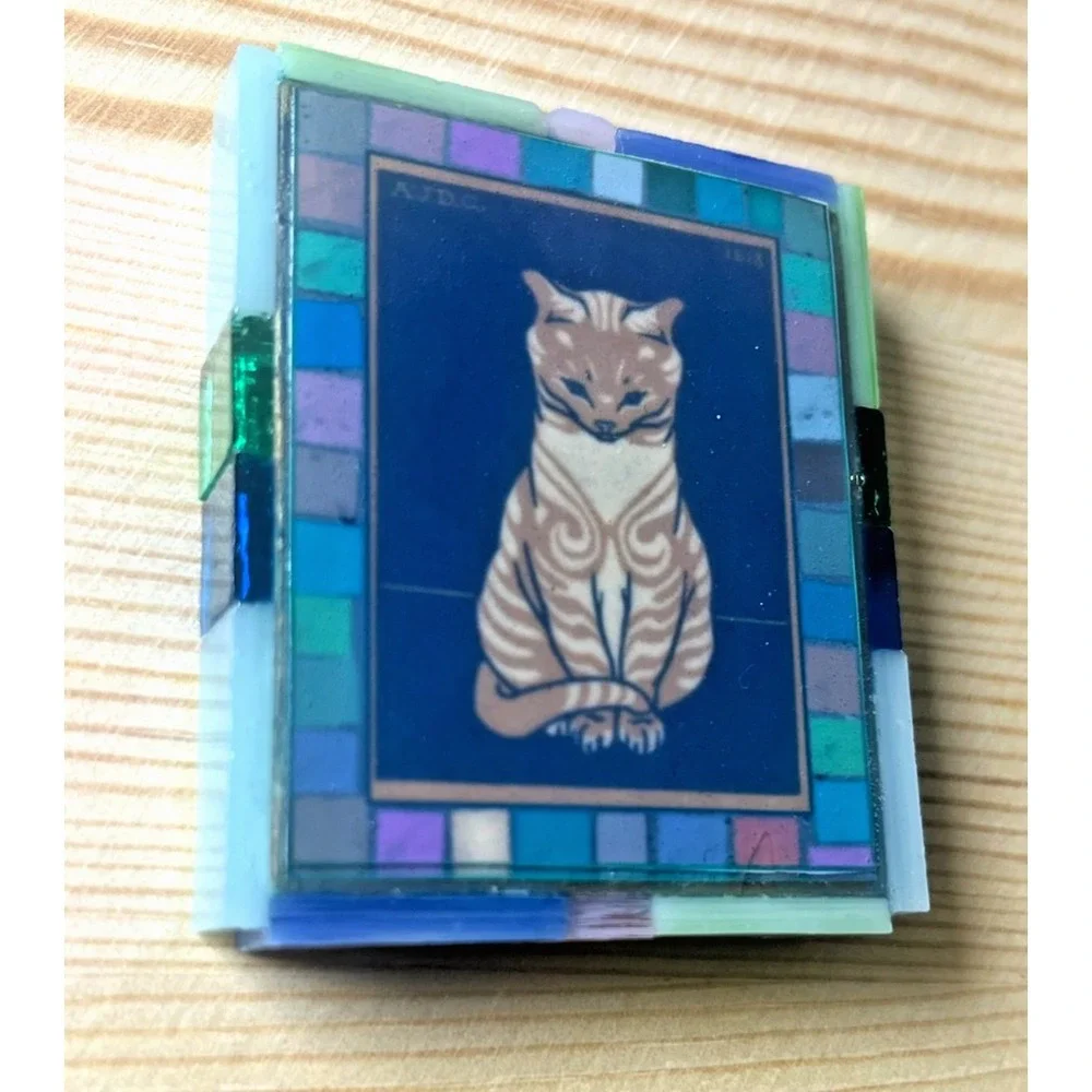 Vintage Cat Magnet Stained Glass Mosaic Border Cat Print on Wood Cat Lover Gift